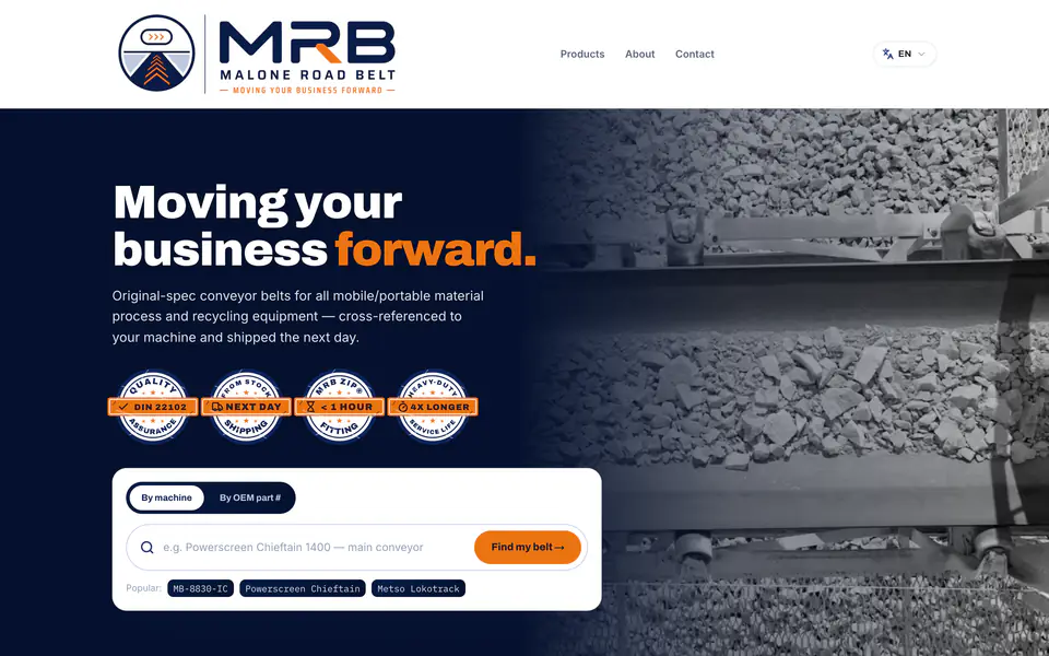 Malone Road Belt home page on a desktop browser, with the belt finder by machine or OEM part number