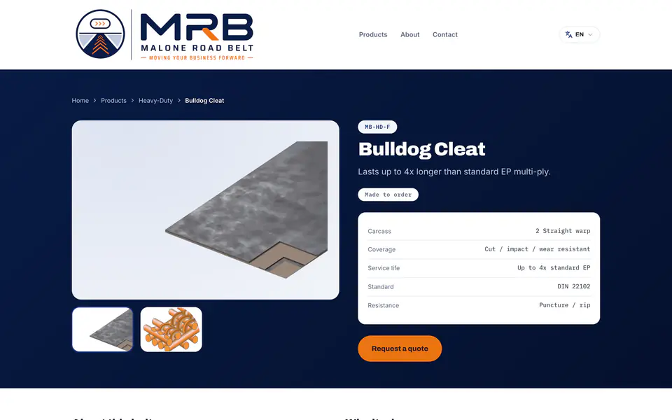 A Malone Road Belt product page with its spec table