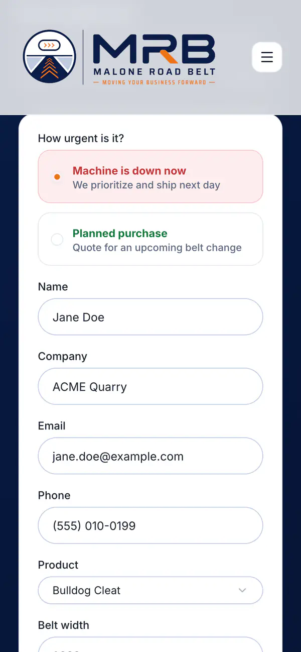 The Malone Road Belt quote request form on a phone